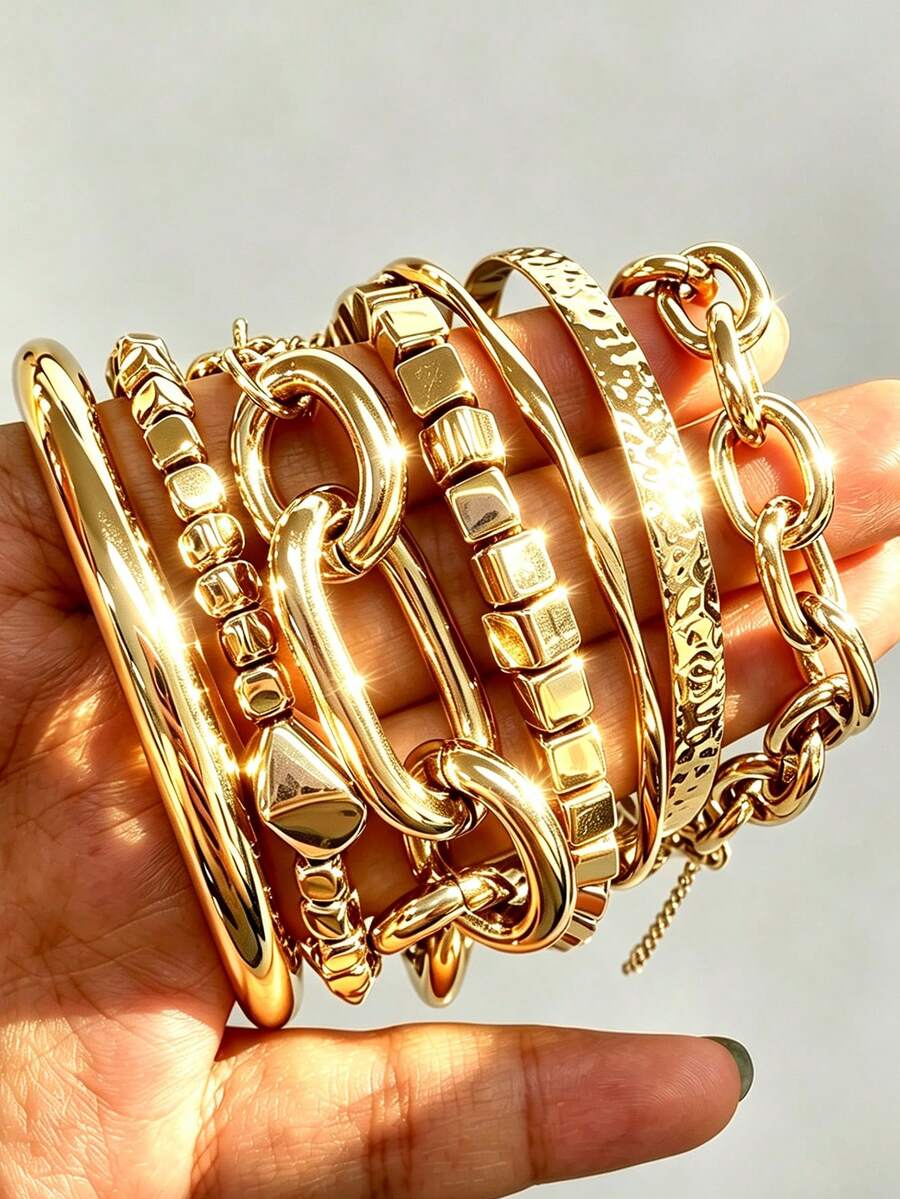 7pcs Vintage Fashion Punk Style Hammered Geometric Chain Gold Bracelet Set, Suitable For Women's Daily Casual, Party, Beach, Vacation, Wedding, Layering, Gift - Gold - View 1