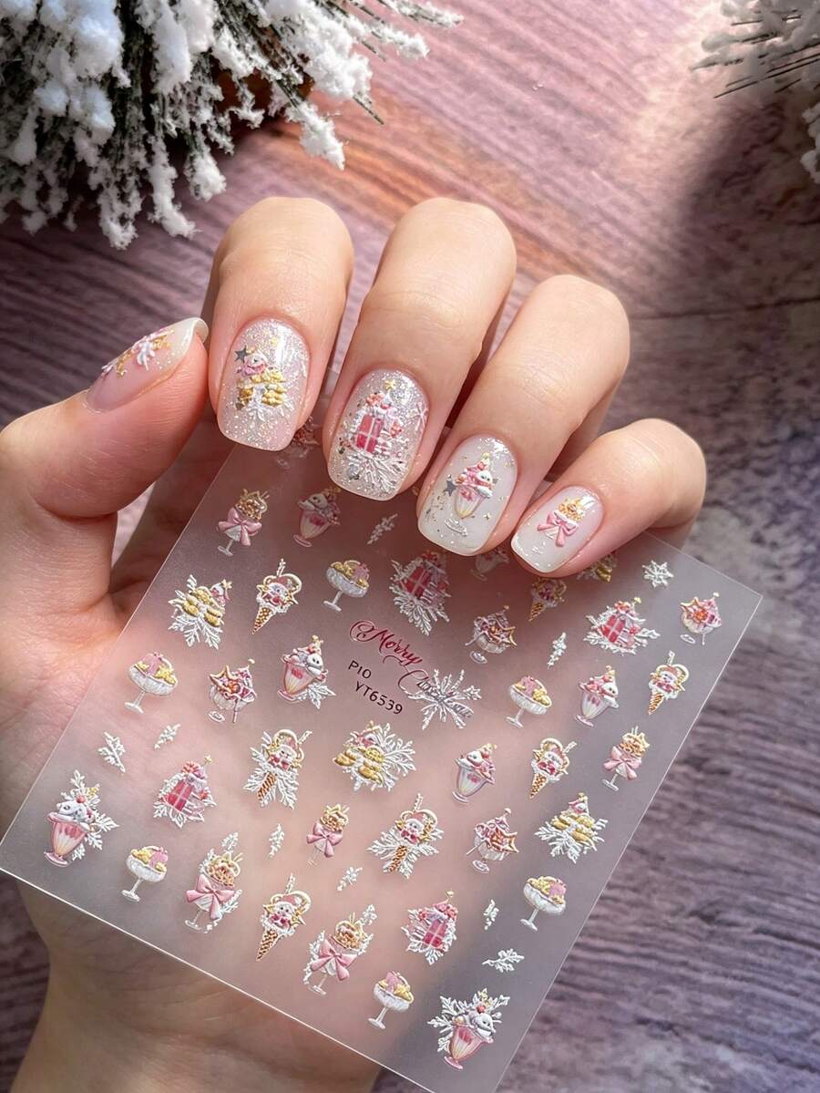 1 Sheet Jelly Shell Light Christmas Ice Cream Nail Stickers, Shiny Cute Girly Self Adhesive Nail Art Decorations - Multicolor - View 1