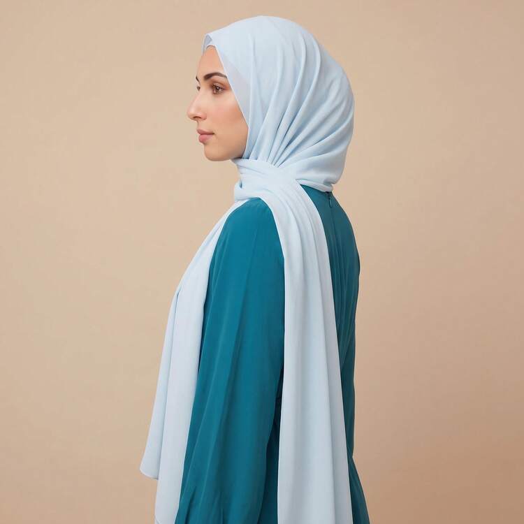1pc Women's Solid Color Pearl Chiffon Soft Headscarf, Arabic Long Hijab, Conservative Plain Headwrap, Suitable For Middle East Daily Wear - Clear Blue 77# - View 2