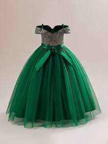 Tween Girls V-Neck Sequin Mesh Elegant Party Dress Suitable For Evening Party, Birthday, Flower Girl, Wedding - Dark Green - View 7
