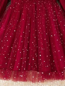 Tween Girls Fall Dress, Valentine's Day Solid Color Jacquard Square Neck Gigot Sleeve Top With Star & Moon Mesh Princess Skirt, Bow Decor - Burgundy - View 8