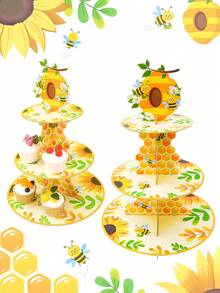 1Set Little Bee Theme Paper Cupcake Stand, First Bee Day Honeycomb Sunflower Dessert Tower, Baby Cake Display Stand, Home Decor, Table Decor, First Birthday Decor, Gender Reveal Decor, Baby Shower Supplies, Boy/Girl Birthday Party Supplies, Party Favors - Bee - View 10