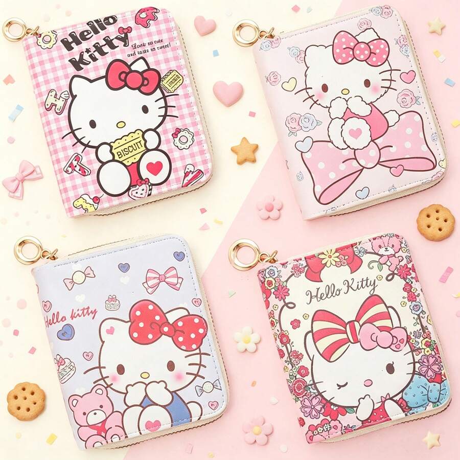 Mesuca Cute PU Leather Mini Zipper Wallet, Kawaii Cartoon Print, Pink Multi Rectangular Purse Coin Card Holder, Girls Birthday Gift For Daily Use - Multicolor - View 1