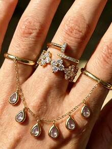 3 Buah Cincin Liontin Tetes Air Vintage Modis yang Indah, Cincin Daun Semanggi Empat, Cincin Jari Terhubung, Set Cincin Warna Emas dengan Hiasan Berlian Imitasi Tembaga, Cocok untuk Pemakaian Sehari-hari Wanita, Pesta, Pertemuan, Paduan Gaya Liburan, Hadiah Liburan, Hadiah Perhiasan, Perhiasan Pernikahan - Emas - View 6