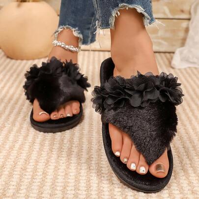 Autumn New Wide-Toe Women's Plush Slip-On Slippers, Romantic 3D Floral Design Fluffy Plush Upper, Comfortable Soft Sole Indoor Slippers, Suitable For Home Bedroom Casual Wear Women's House Slippers
