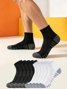 1/5/10/20 Pairs Men's Mid-Calf Socks, Striped Sole Design, Mesh Breathable, Sports Running Socks, Fitness Socks - Multicolor - View 1