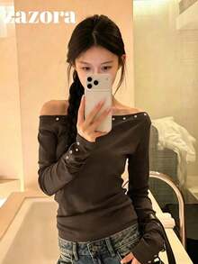 Rivet Asymmetrical Shoulder Loose Long Sleeve Knit T-Shirt Base Layer Top Early Autumn - Brown - View 5