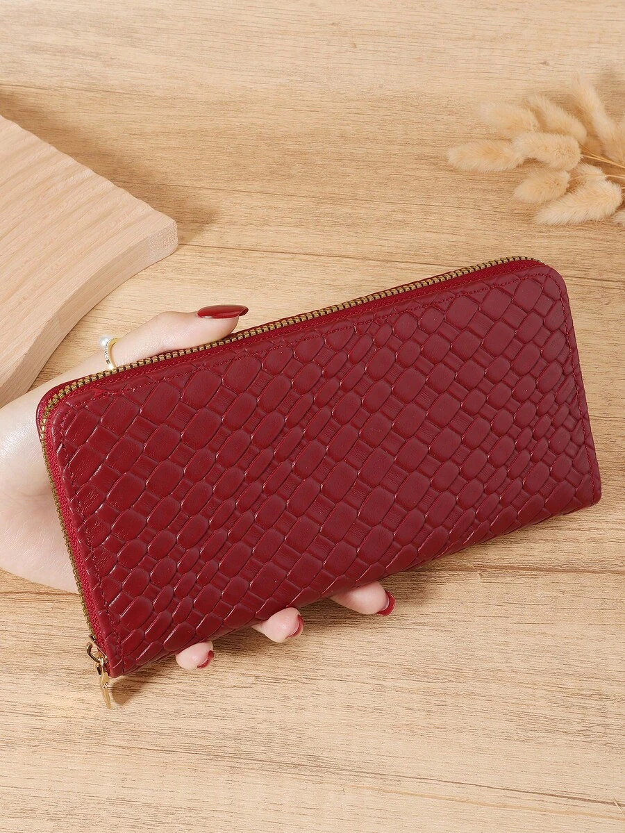 Dompet Panjang Wanita Motif Tenun Modis, Dompet yang Dapat Memakai Ponsel Kecil, Kapasitas Besar Cocok untuk Aktivitas Luar Ruangan dan Perjalanan - Burgundy - View 1