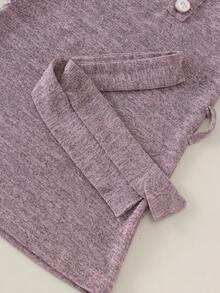 2pcs Baby Girl Soft Comfortable Half-High Neck Ruffle Edge Button Decor Long Sleeve A-Line Dress With Detachable Waist Tie, Spring/Autumn - Mauve Purple - View 8
