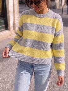 Women's Fuzzy Striped Knit Sweater, Round Neck Long Sleeve Soft Stretchy Contrast Color Pullover, Casual Elegant Street Style Fall Winter Top - Gray and Yellow Group - View 2