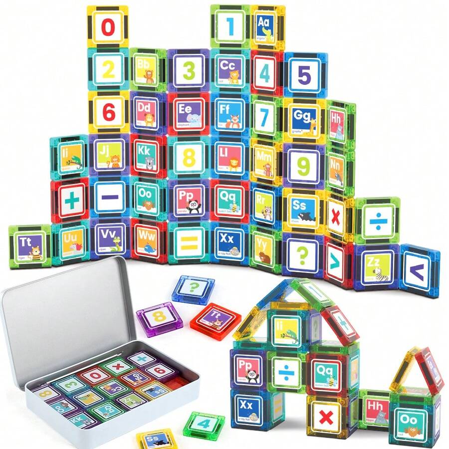 44Pcs Number And Letter Magnetic Tile Toy For Kid,Magnetic Learn Math Brain Game Toy For Child,Size 3.75cm Mini Magnet Building Block Toy Set
