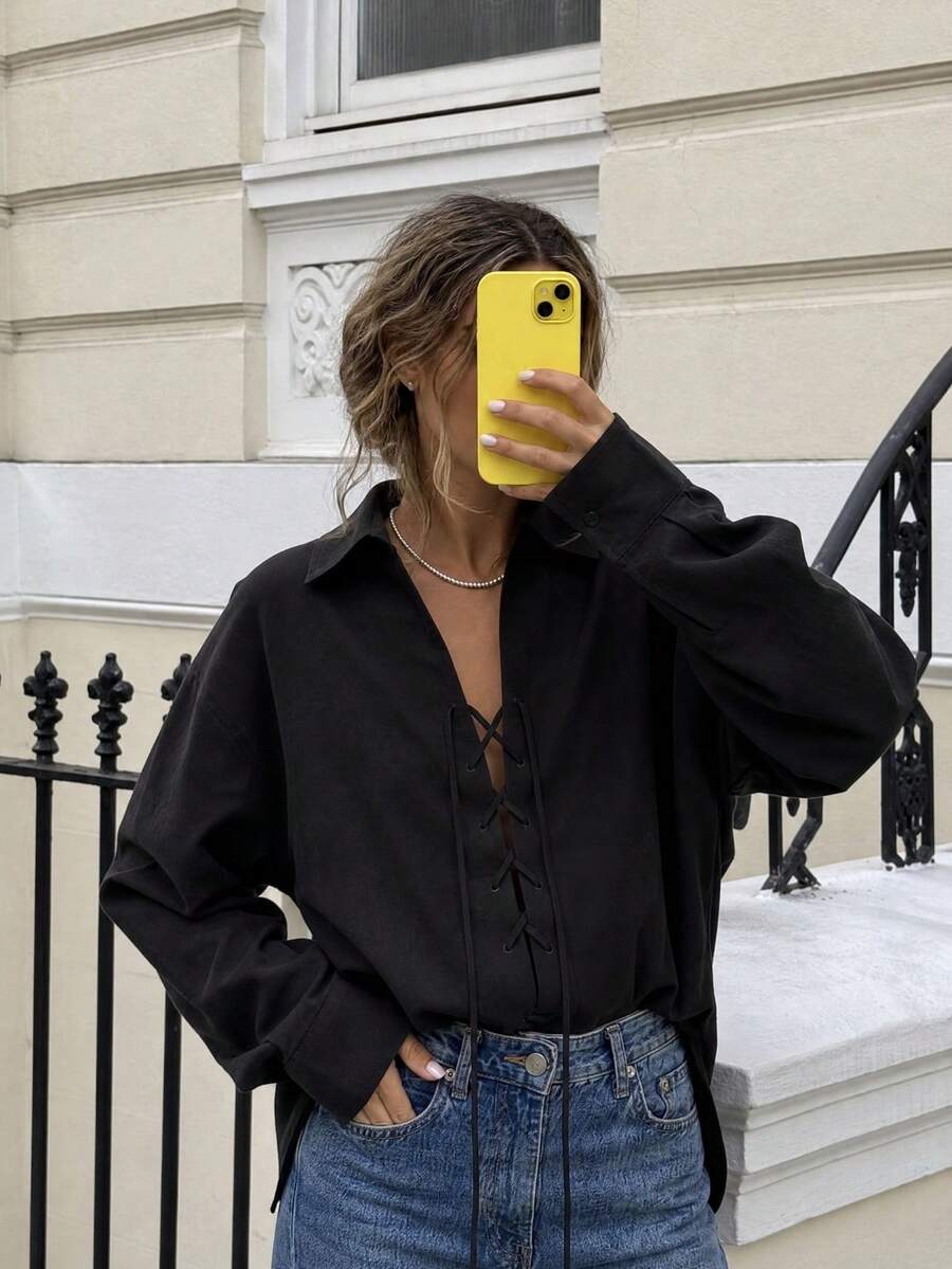 Women's Solid Color Front Tie-Up Top, Long Sleeve Regular Shirt With Embroidered Buttons And Rope Tie Decoration Black - Black - View 1