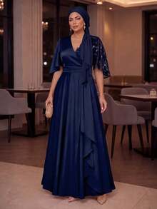 SHEIN Lady CURVE Plus Size Women V-Neck Short Sleeve Elegant Maxi Dress Fall - Royal Blue - View 3