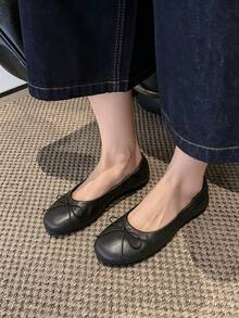 1 Pair Women's Black Bow Soft Sole Ballet Shoes With Ruched Lace Trim, Slip-On Loafers, Fashion Commuter Flat Shoes - Black - View 7