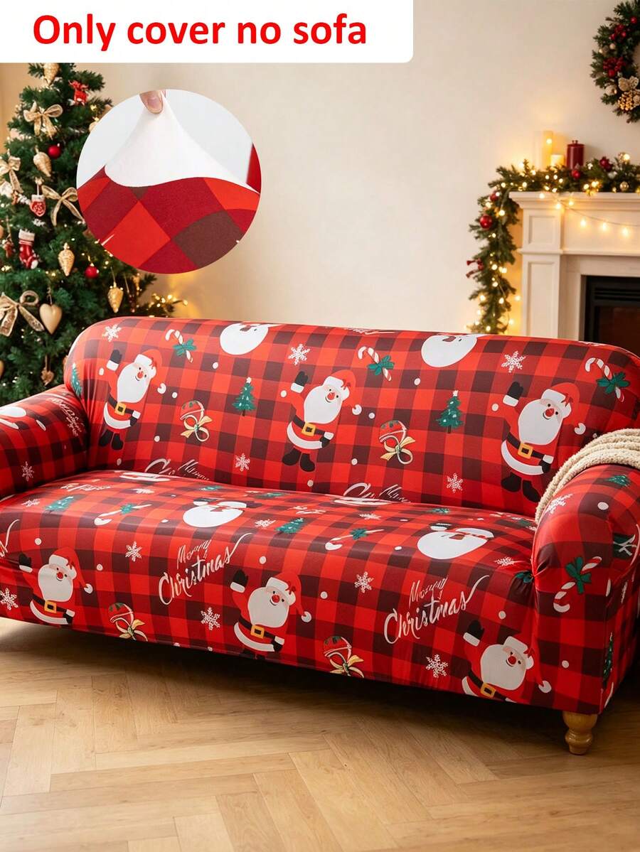 1pc Christmas Print Full Cover Sofa Slipcover, With Santa Claus ...