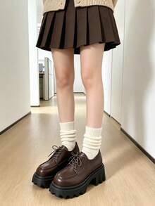7.5cm Super High Heel Platform Loafers, British Style, New Spring 2026, Brown Chunky Heel Platform Mary Jane Loafers, Commuting, JK Style, Versatile Lace-Up Shoes - Brown - View 2