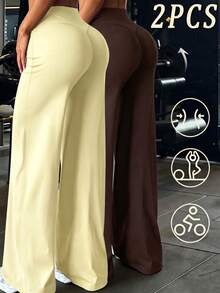 2PCS High Waist Butt Lifting Wide Leg Yoga Pants, Women Tummy Control Stretch Workout Leggings - Multicolor - View 1