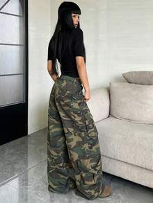1pc Women's American Street Style Patchwork Multi-Pocket Cargo Wide Leg Camouflage Jeans Long Pants For All Seasons (Belt/Accessories Not Included) - Army Green - View 7