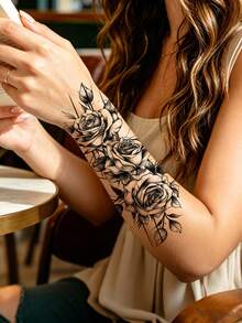 1pc Waterproof Black Flower Temporary Tattoo, Rose Floral Tattoo Sticker Suitable For Hand, Arm And Body Decor, Fake Tattoo For Women Men, Holiday Party Body Decal - Black - View 3