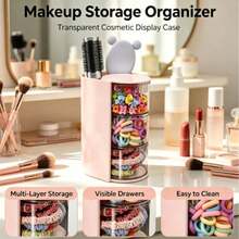 1pc Rotating Cosmetic Storage Box, Multi-Layer Desktop Makeup Organizer With Brush Holder, Vanity Bedroom Bathroom Countertop Storage Display Box - Multicolor - View 7