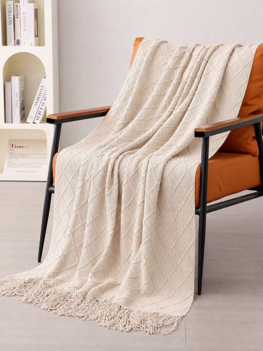 1pc Knitted Blanket/throw For Sofa, Bed, Office Nap, Summer Shawl, Winter Warm - Beige - View 1