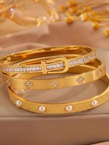 3/1pcsGold-Tone Stainless Steel Bangle, Matte Pearl, Rectangular Zirconia & Clover Embellishment, Elegant Statement Adornment - Gold - View 8