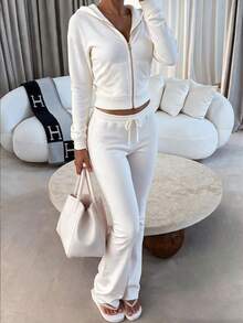 Women's Elegant Vacation Zipper Long Sleeve Hooded Sweatshirt And Sequin Long Pants Streetwear Set - White - View 8