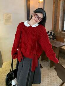 Women's Red Cable Knit Pullover Long Sleeve Sweater Top, Autumn/Winter - Red - View 4