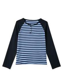 Áo kiểu Hàn Quốc tối giản phối màu khối, cổ Henley tay raglan, sọc, dáng regular, tay dài đa năng, lớp nền, quần áo mùa thu - Sọc xanh - Xem 11