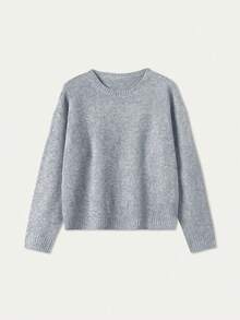 FOR BEAUTY 秋冬新款純色極簡圓領長袖休閒慵懶風針織毛衣，時尚寬鬆通勤風套頭衫，女款新年時尚單品 - 淺花灰 - 查看 9