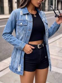 HAPPY GIRL#Spring Autumn Versatile Fashion Festival Holiday Daily Airport Outfit Distressed Denim Women's Casual Outdoor Washed Denim Jacket - Blue - View 7