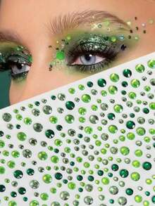 325pcs Green Diamond Face Stickers, Facial Decoration Rhinestone Stickers, Self-Adhesive Rhinestone Stickers, Multiple Sizes Available, Suitable For Face, Eyes, Body Facial Jewelry - Multicolor - View 1