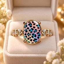 Women's Colorful Leopard Print Oval Personalized Ring, Gold Tone Transparent Rhinestone Decor Fashion Ring, Multi-Color Animal Print Cocktail Jewelry, Suitable For Party, Daily Wear And Gift - Multicolor - View 4