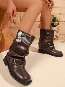 Women's Buckle Decor Mid-Calf Boots, Shiny PU Round Toe Low Heel Boots With Detachable Pearl Pendant And Ruched Shaft, Fashion Boots - Brown - View 3