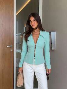Women's Fashionable Water Blue Blazer, Unique Front Button Design, Long Sleeve Regular Fit, Elegant Elegant - Mint Blue - View 1