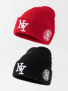 2件組中性時尚可變形NY Logo刺繡針織帽，適合秋冬日常保暖與旅行穿搭 - 2件裝-NY - 查看 12