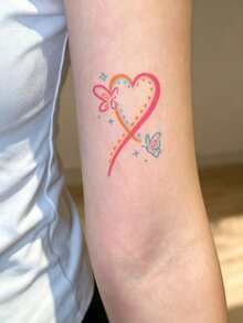 1pc Temporary Tattoo, Crayon Hand Drawn Rainbow Heart Butterfly & Star Pattern, Realistic Fake Tattoo Design, For Daily, Bachelorette Party Favors, Music Festival, Game, Graduation Gift, Lasts 3-5 Days - Multicolor - View 4