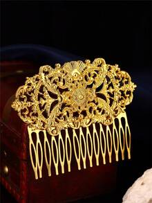 1Pc Vintage Gold Hollow Carved Hair Comb, Ornate Scroll Embossed Hair Insert Comb, Elegant Hair Accessory For Women Wedding Banquet - Gold - View 11