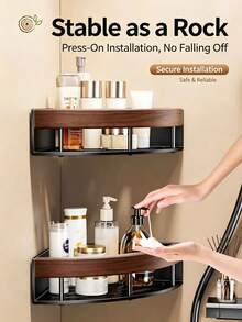 Walnut Wood Bathroom Corner Shelf, No-Drill Wall-Mounted Storage Rack For Shower, Washroom And Toilet - Multicolor - View 3