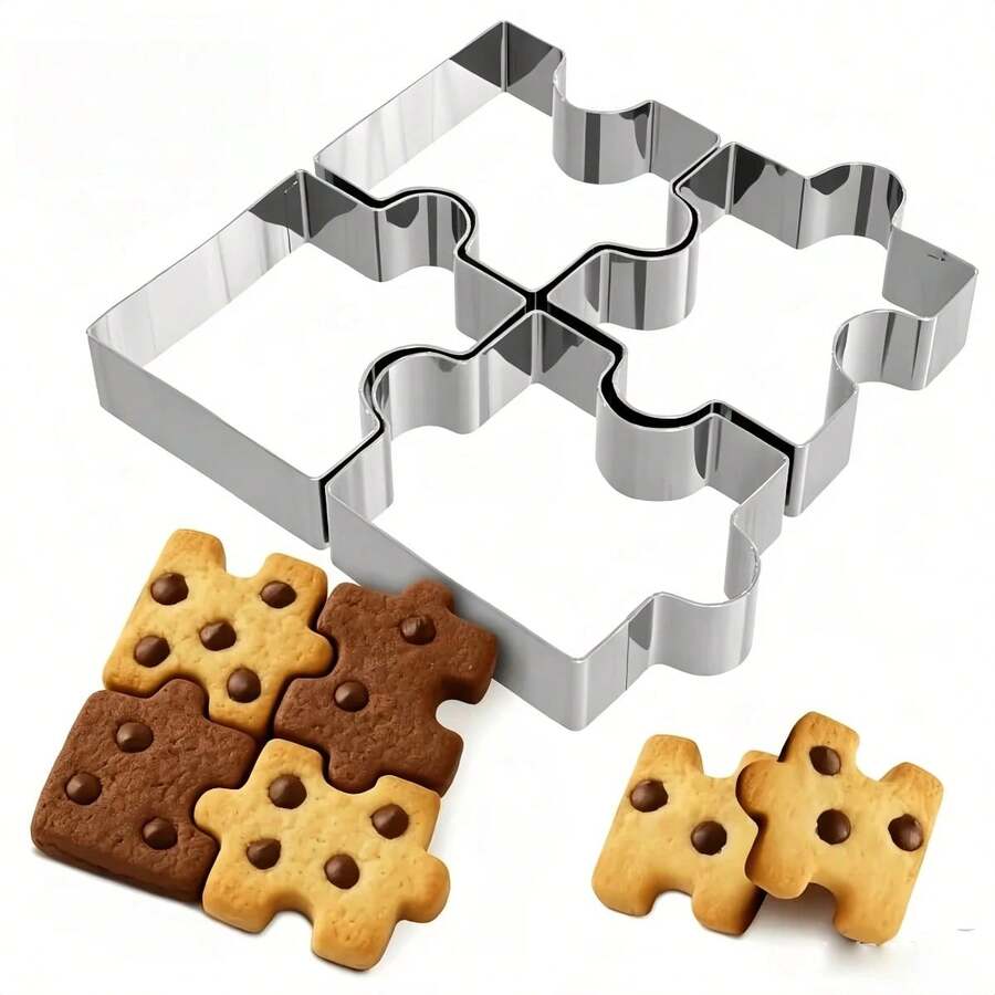 4 st sammankopplade pusselformade pepparkaksformar i rostfritt stål, julformar för julparty, DIY-bakning, fondant, frukt, choklad, tårtdekorering och lerhantverk