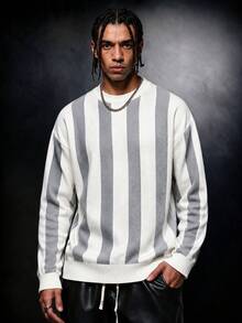 SU ER 1pc Men's Autumn/Winter Casual Striped Knit Top - Light Grey - View 2