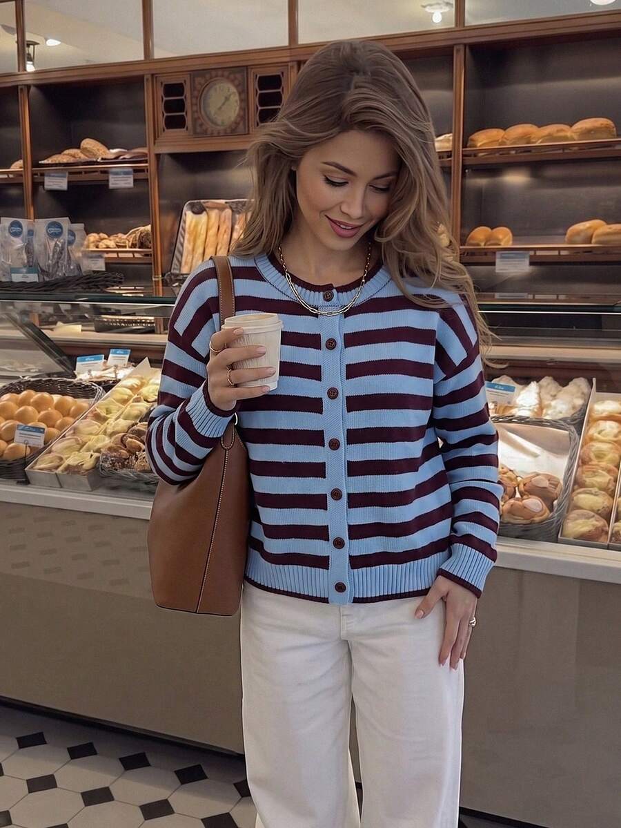 Women's Colorblock Striped Knit Cardigan, Basic Minimalist Knitwear, Autumn Outfit, Casual Style, Basic Outfit, Office Wear