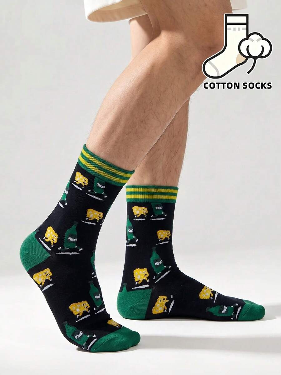 1 Pair Fun Chemistry Molecule & Formula Print Boat Socks, Contrast Mint Green Cuff & Toe, Soft Mid-Calf Cotton Socks For Men - Multicolor - View 1