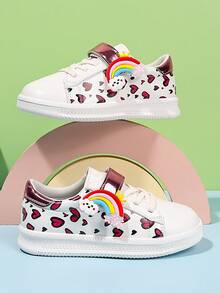 1 Pair Girls' Spring/Autumn White Sneakers With Cartoon Rainbow Decor, Hook And Loop Closure, Soft Sole, Anti-Slip, Casual Versatile Sports Shoes For Outdoor - Beige - View 5