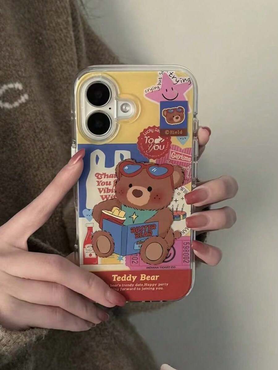Ốp lưng điện thoại trong suốt in gấu Teddy collage vintage cho iPhone, thiết kế sticker patchwork retro, gấu đeo kính thời trang cùng sách và khoai tây chiên, đồ họa nhãn vé sao nhiều màu kèm slogan, chống sốc mỏng bảo vệ cho iPhone 18 17 16 15 14 13 12 11 Pro & Pro Max - Nhiều màu - Xem 1