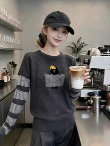 1 buah Sweater Rajut Wanita Motif Kartun Garis-Garis Patchwork 2 in 1, Atasan Rajut Pullover Lengan Panjang untuk Musim Gugur/Dingin - Dark Grey - View 3