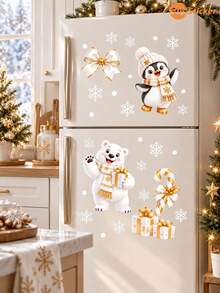 SUPSTICKER Set Stiker Jendela Natal, 8 Pola, Dekorasi Jendela Rumah Transparan Putih & Emas: Santa, Manusia Salju, Rusa Kutub, Pohon, dan Kepingan Salju - Natal - View 2