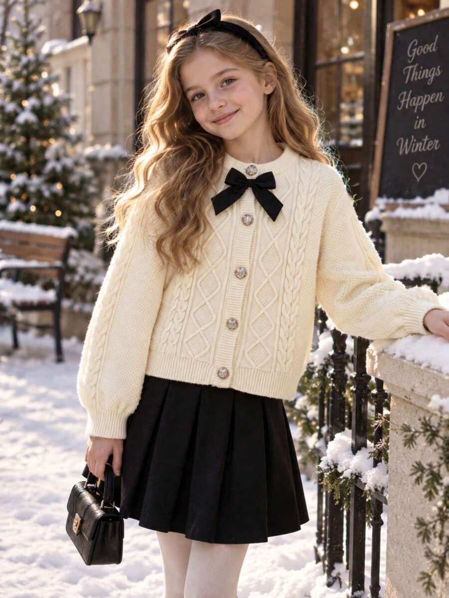 Autumn/Winter Girls' Fashion Casual Diamond Grid Sweater - Apricot - View 1