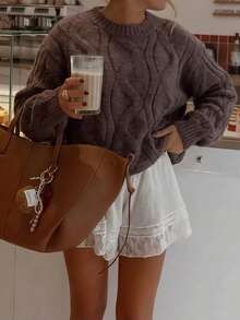 Just Masa Women's Autumn/Winter Casual Cable Knit Sweater, Solid Color Long Sleeve Ribbed Knit Pullover, Suitable For Daily Wear, Outings, Dates, Commuting - Dark Brown - View 1