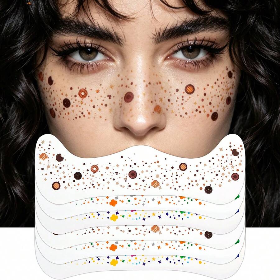6 Sheets Realistic Brown Fake Freckles Temporary Body Sticker, Colorful Star Floral Dot Face Decals, Waterproof Face Body Stickers For Halloween, Carnival, Music Festival Makeup - Multicolor - View 1